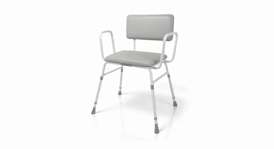 Bariatric perching stool with padded seat, backrest and arms